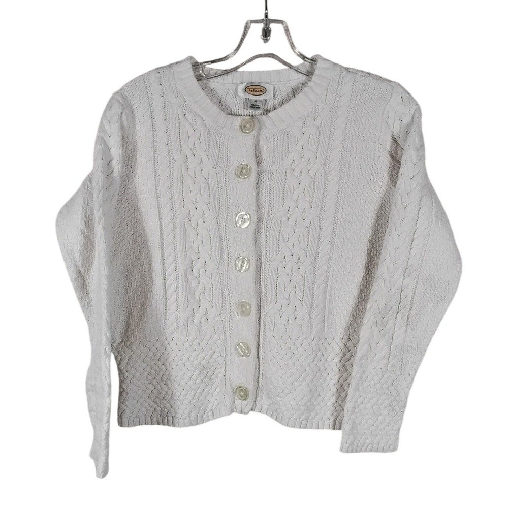 Vtg 90s Talbots Chunky Knit Cardigan Sweater M White Mother Pearl Style Buttons